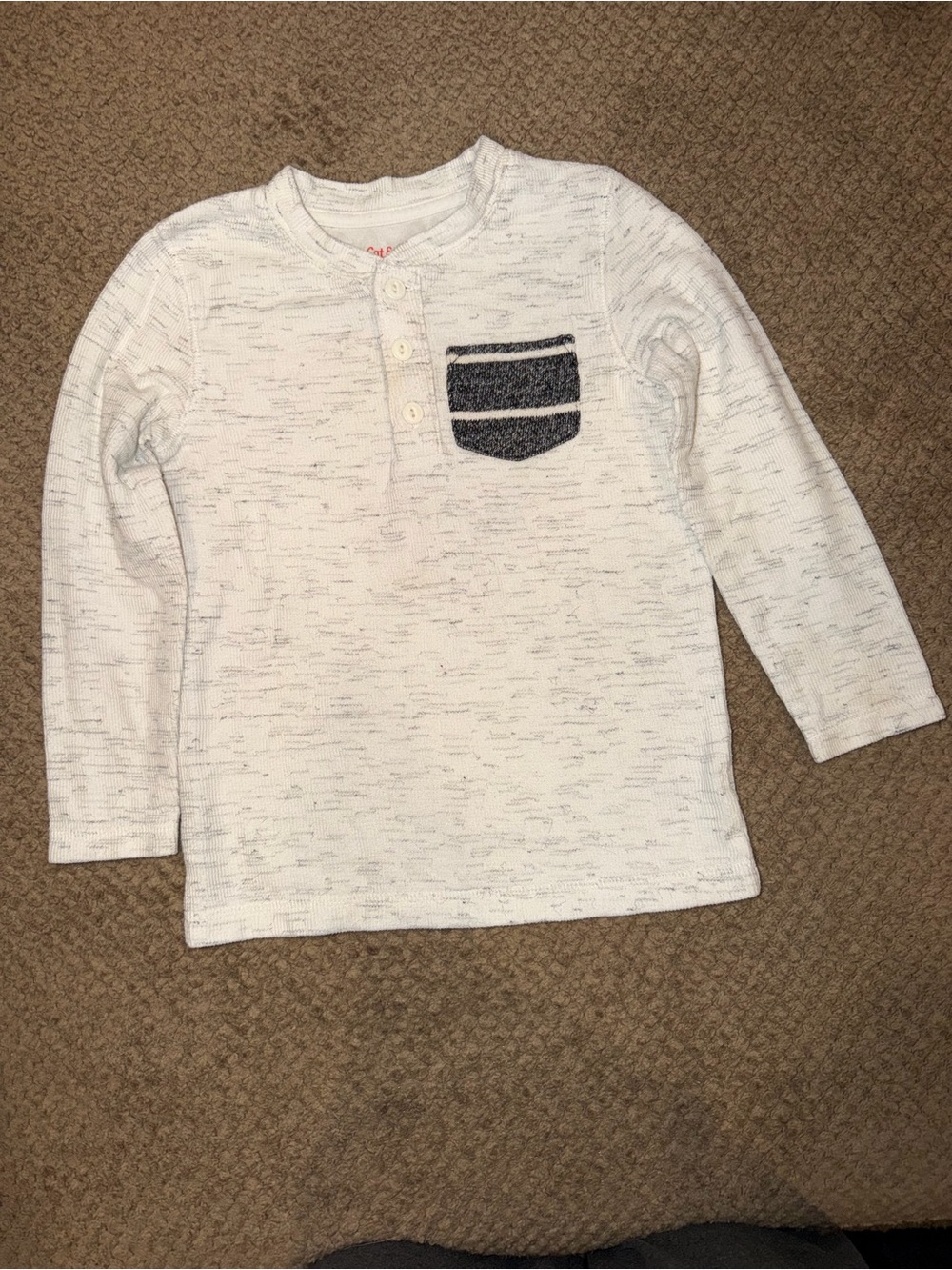 Cat & Jack White Kid’s Long-Sleeve Henley with Charcoal Contrast Pocket - 5T
